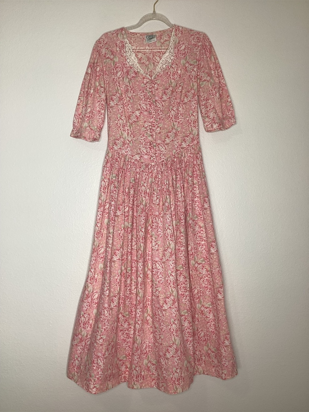 Vintage Laura Ashley Cottage Core Pink Floral Dress Lace Great Britain Sz 8